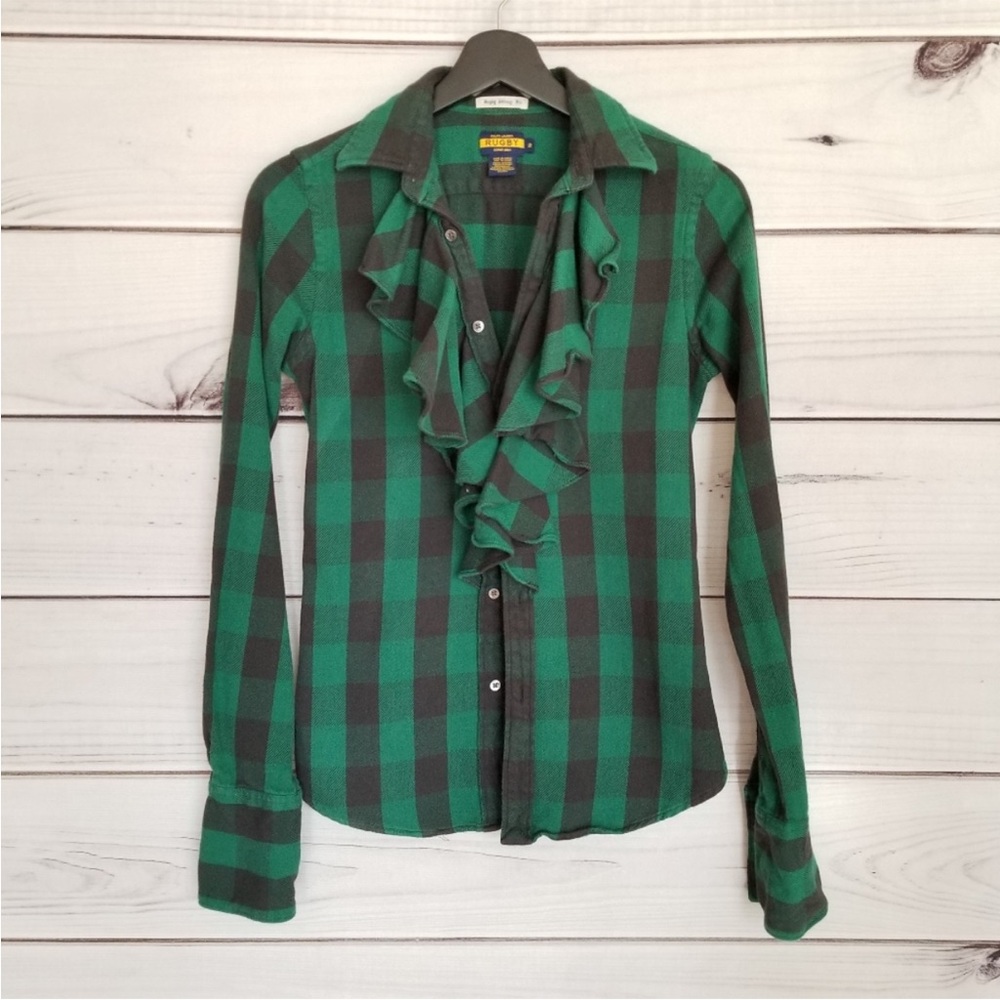 Rugby Ralph Lauren Green and Black Checkered Ruffle Shirt